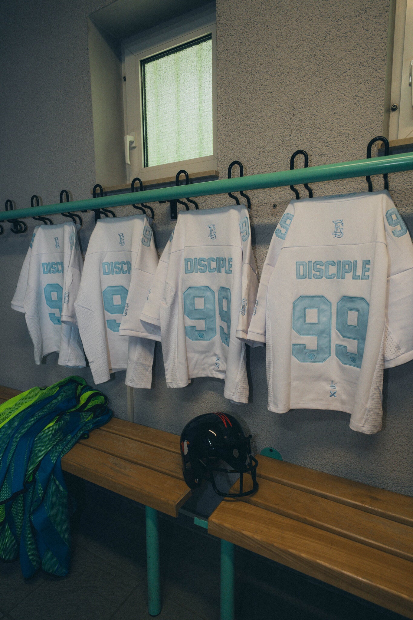 DISCIPLE 99 jersey, locker room, jerseys on the rail